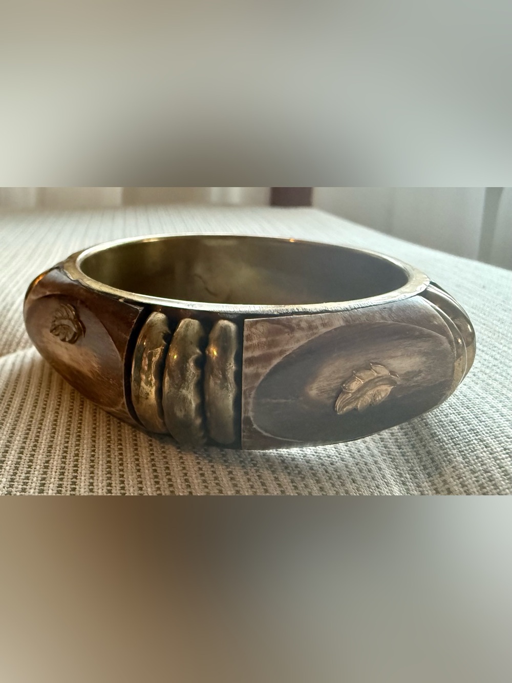 Carved Bone & Brass Leaf Accent Vintage Bangle